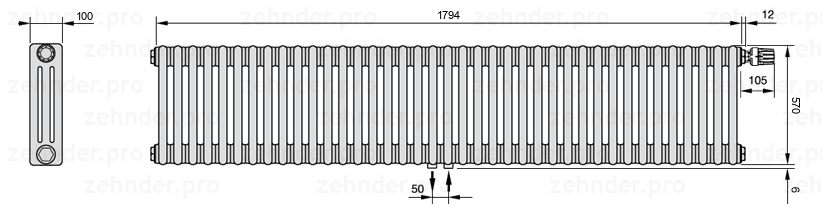 Схема (чертеж) Радиатор Zehnder Charleston 3057/39 №V008 Technoline TL